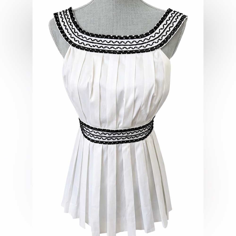 Moda International White Black Beaded Empire Waist Pleated Top M